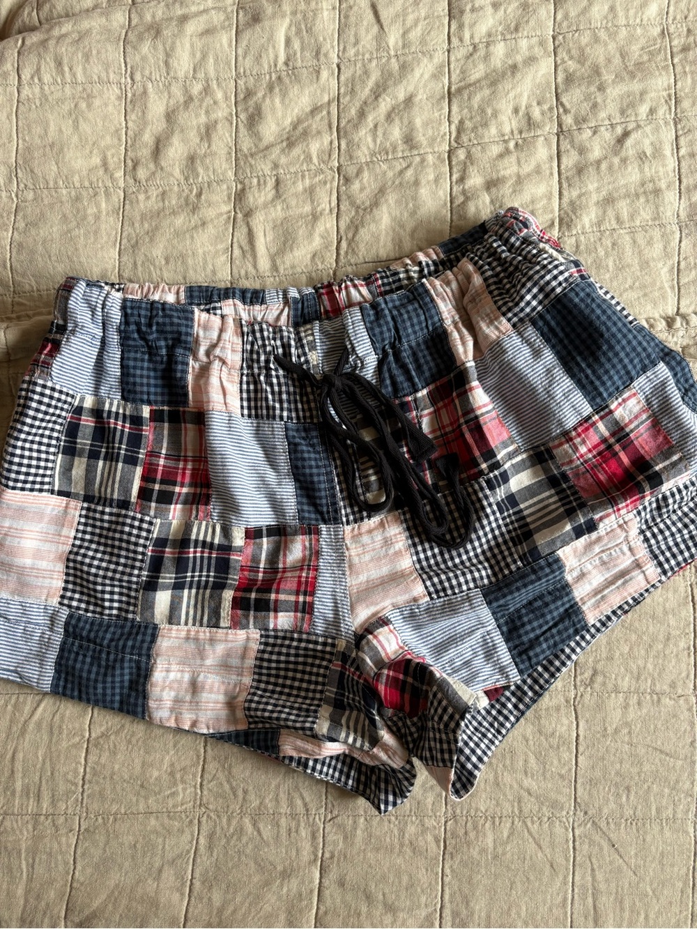 THE GREAT. Patchwork Plaid Drawstring Shorts - Blue, Red, Cream